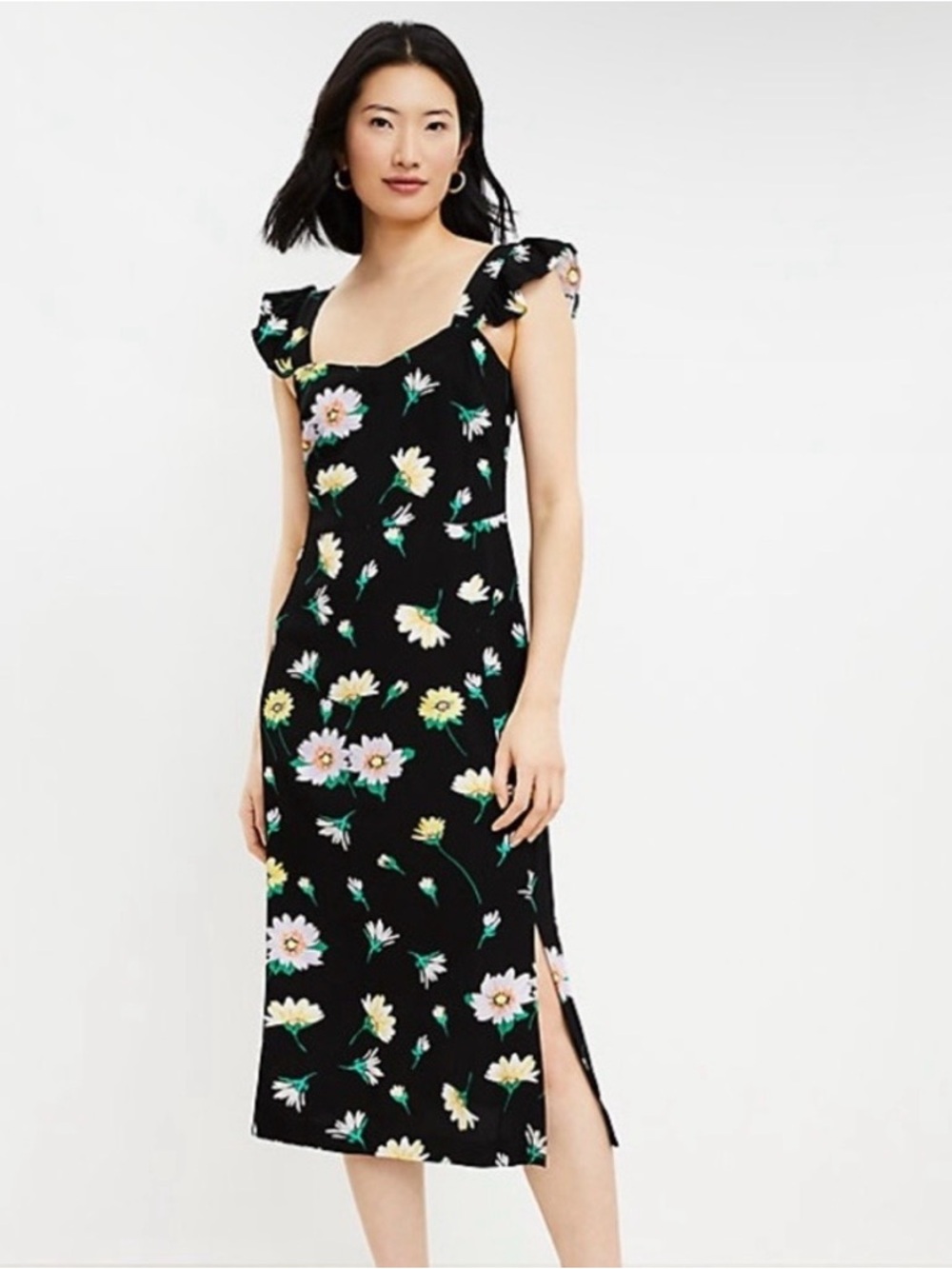 LOFT Floral Ruffle Sleeve Midi Dress